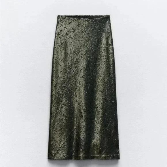 ZARA SEQUIN MIDI SKIRT GREEN NWT - Picture 3 of 7